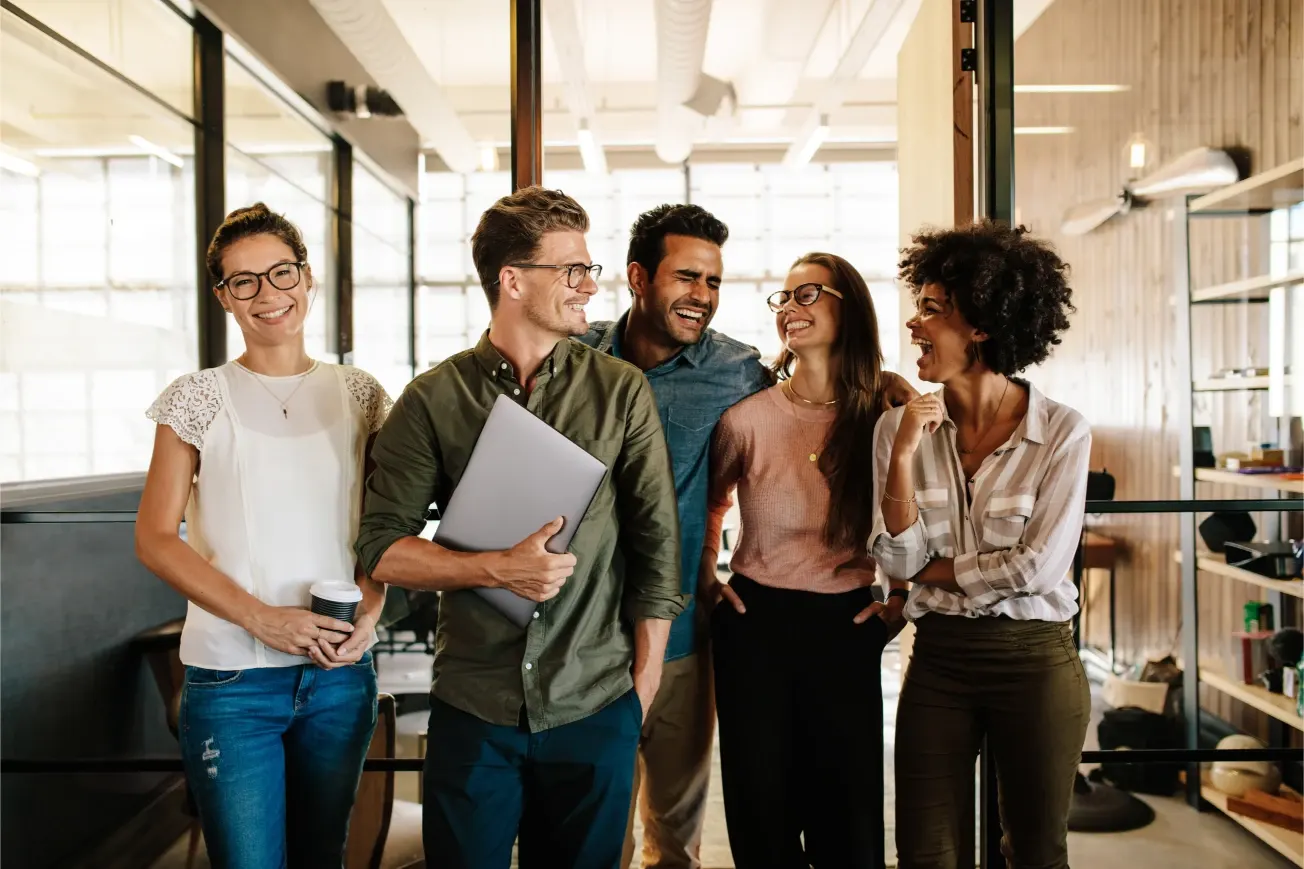 A diverse team collaborating in a bright office